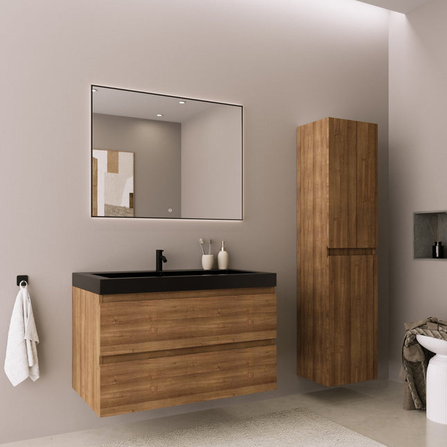 Meuble de salle de bain suspendu avec vasque noire - Chêne chaud - 80 cm - Avalon