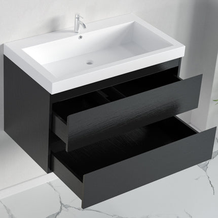 Meuble de salle de bain suspendu avec vasque blanche - Chêne noir - 80 cm - Avalon