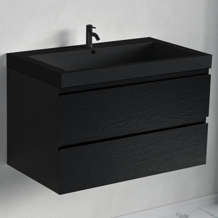 Meuble de salle de bain suspendu design contemporain avec vasque intégrée - Chêne noir et noir - 80 cm - Avalon
