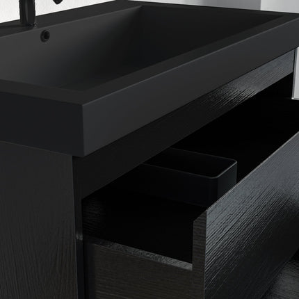 Meuble de salle de bain suspendu design contemporain avec vasque intégrée - Chêne noir et noir - 80 cm - Avalon