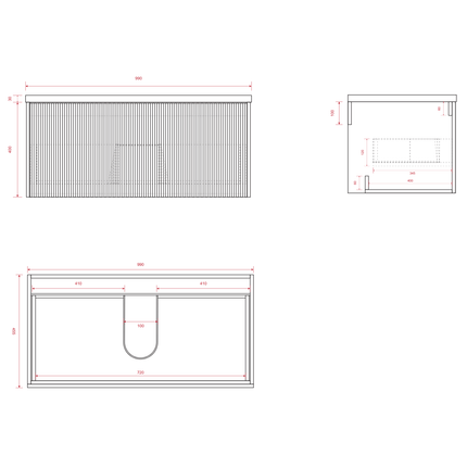 Meuble de salle de bain suspendu cannelé avec vasque noire - Noyer - 100 cm - Tropani