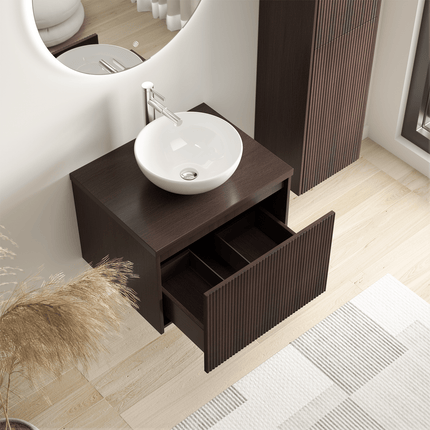 Ensemble meuble de salle de bain suspendu cannelé avec vasque céramique blanche - Noyer - 60 cm - Tropani