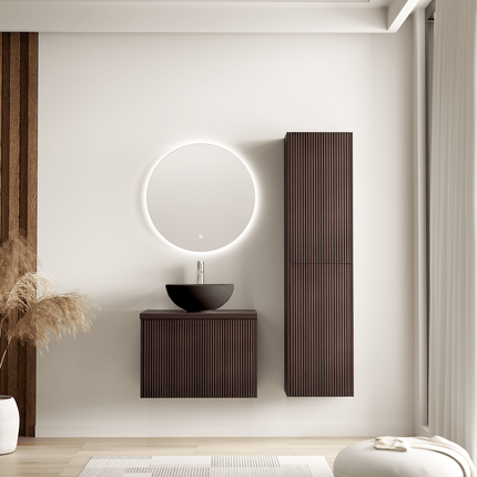 Meuble de salle de bain suspendu cannelé avec vasque céramique noire - Noyer - 60 cm - Tropani