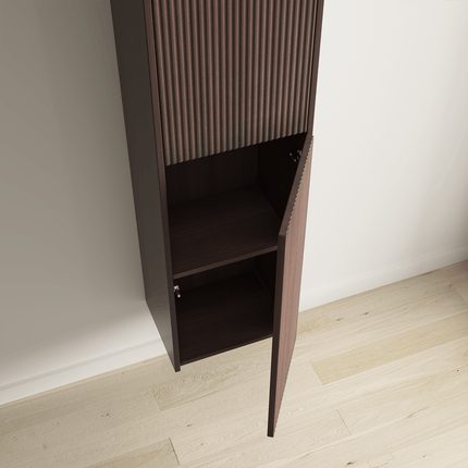 Meuble de salle de bain suspendu cannelé avec vasque céramique noire - Noyer - 60 cm - Tropani