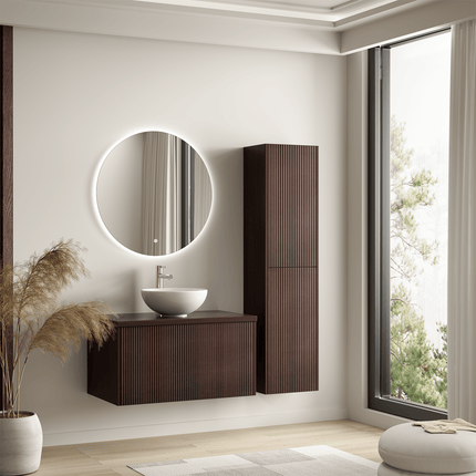Meuble de salle de bain suspendu cannelé avec vasque en céramique - Noyer et blanc - 80 cm - Tropani