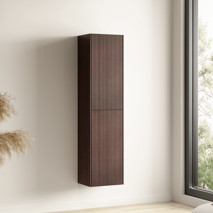 Meuble de salle de bain suspendu cannelé avec vasque en céramique - Noyer et blanc - 80 cm - Tropani