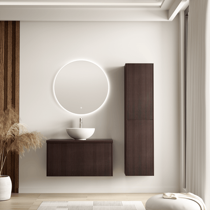 Meuble de salle de bain suspendu cannelé avec vasque en céramique - Noyer et blanc - 80 cm - Tropani