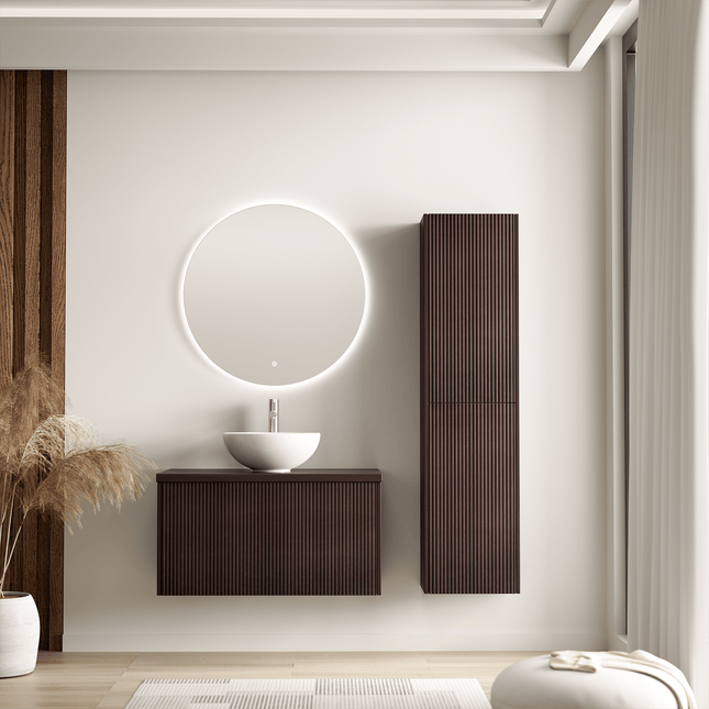 Meuble de salle de bain suspendu cannelé avec vasque en céramique - Noyer et blanc - 80 cm - Tropani