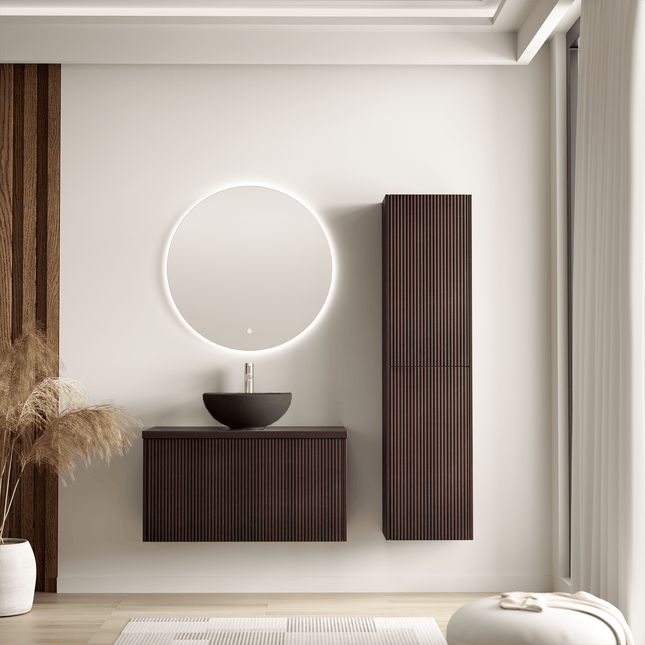Ensemble meuble de salle de bain suspendu rainuré avec vasque noire - Noyer - 80 cm - Tropani