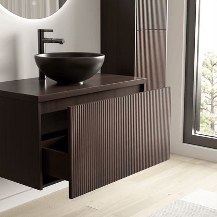 Ensemble meuble de salle de bain suspendu rainuré avec vasque noire - Noyer - 80 cm - Tropani