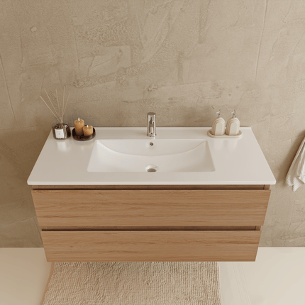 Meuble de salle de bain suspendu avec vasque fine - Chêne clair et blanc - 100 cm - Verona