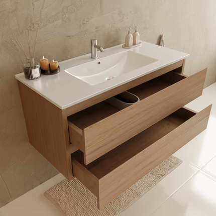 Meuble de salle de bain suspendu avec vasque fine - Chêne clair et blanc - 100 cm - Verona