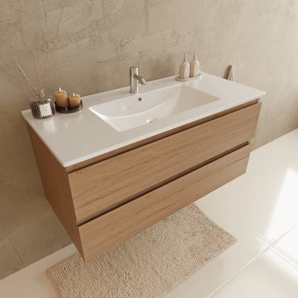 Meuble de salle de bain suspendu avec vasque fine - Chêne clair et blanc - 100 cm - Verona