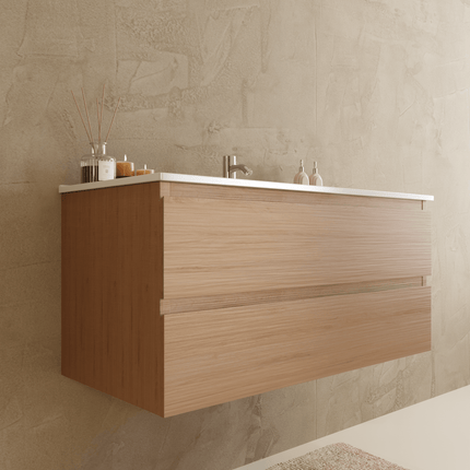 Meuble de salle de bain suspendu avec vasque fine - Chêne clair et blanc - 100 cm - Verona