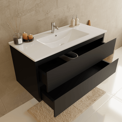 Meuble de salle de bain suspendu avec vasque en marbre minéral - Noir mat - 100 cm - Verona