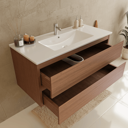 Ensemble meuble de salle de bain suspendu chêne chaud avec vasque blanche marbre minéral - 100 cm - Verona