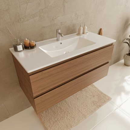 Ensemble meuble de salle de bain suspendu chêne chaud avec vasque blanche marbre minéral - 100 cm - Verona