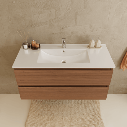 Ensemble meuble de salle de bain suspendu chêne chaud avec vasque blanche marbre minéral - 100 cm - Verona