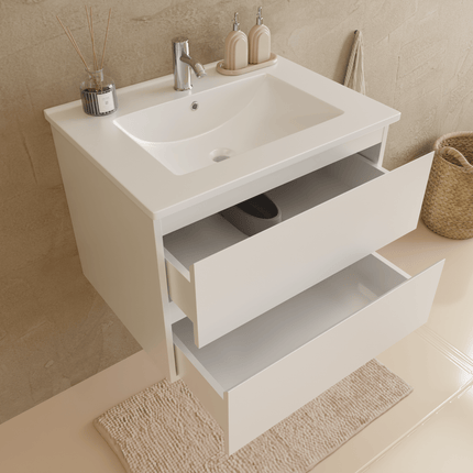 Ensemble meuble suspendu avec colonne et vasque en marbre minéral - Blanc brillant - 60 cm - Verona