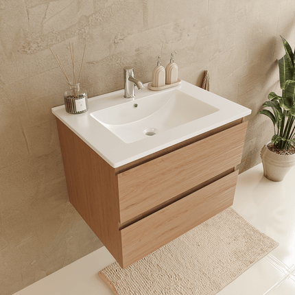 Ensemble meuble de salle de bain suspendu chêne clair avec vasque blanche marbre minéral - 60 cm - VERONA