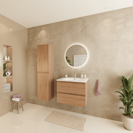 Ensemble meuble de salle de bain suspendu chêne clair avec vasque blanche marbre minéral - 60 cm - VERONA
