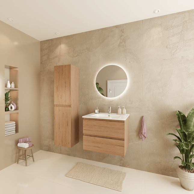 Ensemble meuble de salle de bain suspendu chêne clair avec vasque blanche marbre minéral - 60 cm - VERONA