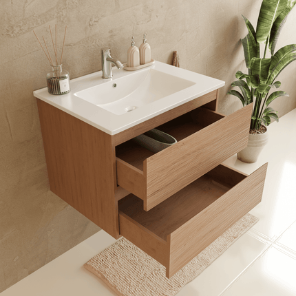Ensemble meuble de salle de bain suspendu chêne clair avec vasque blanche marbre minéral - 60 cm - VERONA