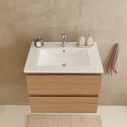 Ensemble meuble de salle de bain suspendu chêne clair avec vasque blanche marbre minéral - 60 cm - VERONA