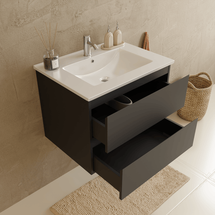 Ensemble meuble suspendu design avec vasque blanche - Noir mat - 60 cm - Verona