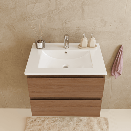 Meuble de salle de bain suspendu avec vasque fine en marbre minéral - Chêne chaud et blanc - 60 cm - Verona