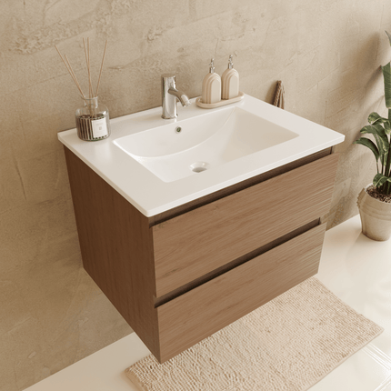Meuble de salle de bain suspendu avec vasque fine en marbre minéral - Chêne chaud et blanc - 60 cm - Verona