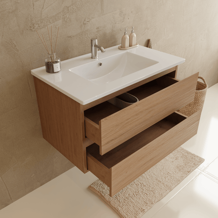 Ensemble meuble de salle de bain suspendu chêne clair avec vasque blanche - 80 cm - Verona