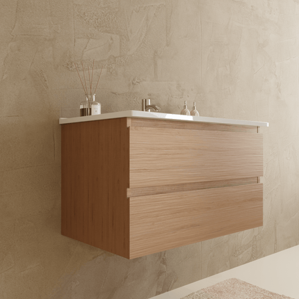 Ensemble meuble de salle de bain suspendu chêne clair avec vasque blanche - 80 cm - Verona