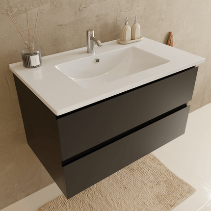 Meuble de salle de bain suspendu design contemporain avec vasque blanche marbre minéral - Noir mat - 80 cm - Verona