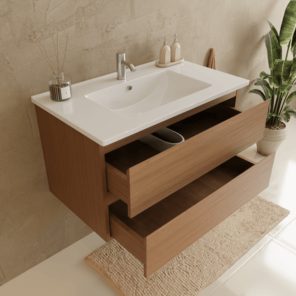 Ensemble meuble de salle de bain suspendu finition chêne chaud avec lavabo en marbre minéral blanc - 80 cm - Verona