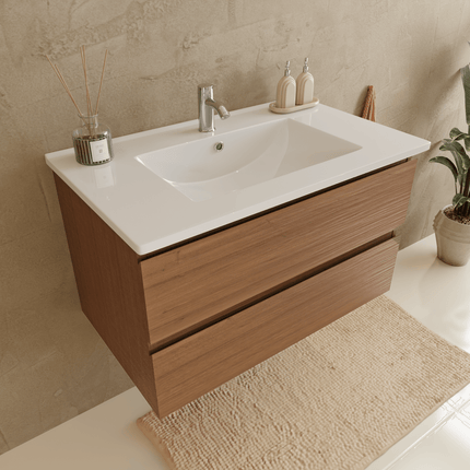Ensemble meuble de salle de bain suspendu finition chêne chaud avec lavabo en marbre minéral blanc - 80 cm - Verona