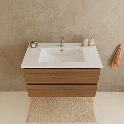 Ensemble meuble de salle de bain suspendu finition chêne chaud avec lavabo en marbre minéral blanc - 80 cm - Verona