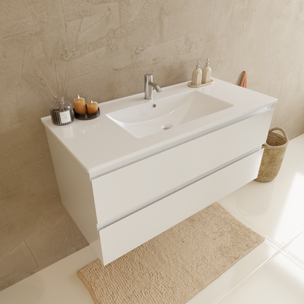 Ensemble meuble suspendu design avec vasque fine - Blanc brillant - 100 cm - Verona