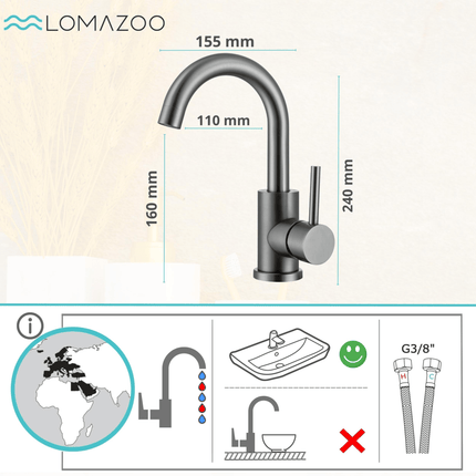 Robinet de lavabo Gun Metal avec bec orientable 180° - CHLOÉ