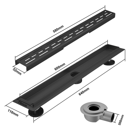Caniveau de douche en acier inoxydable finition noir mat - 60 cm