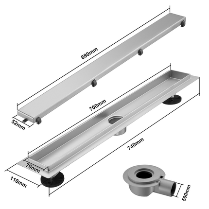Caniveau de douche design avec grille réversible - Acier inoxydable brossé - 70 cm - DS CONCEPT