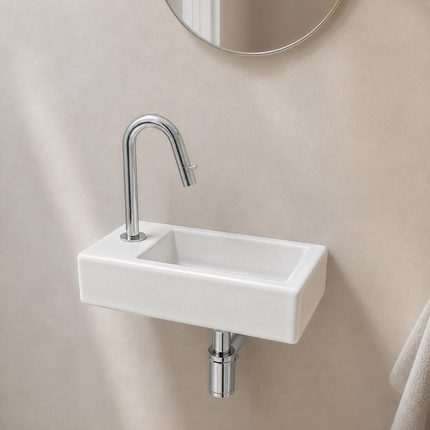 Fontaine de toilettes compacte avec perçage robinet gauche - blanche - 37 cm - Fonza
