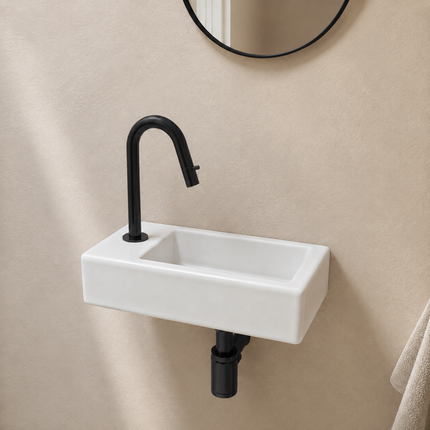 Fontaine de toilettes compacte avec perçage robinet gauche - blanche - 37 cm - Fonza