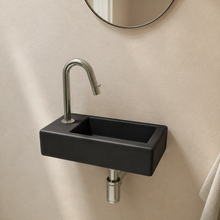 Fontaine de toilette compacte en céramique mate avec perçage robinet gauche - Noir - 37 cm - Fonza