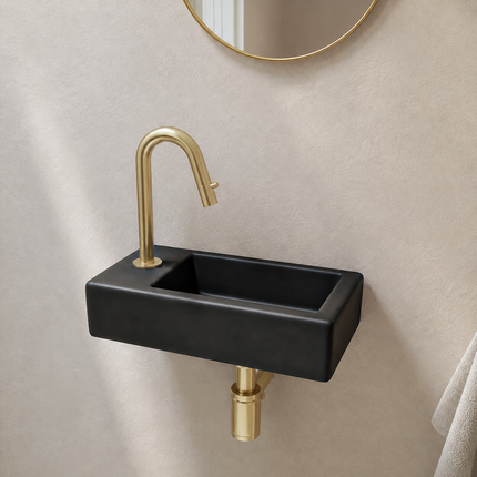 Fontaine de toilette compacte en céramique mate avec perçage robinet gauche - Noir - 37 cm - Fonza