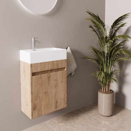 Meuble de toilette suspendu chêne clair avec vasque blanche - 40 cm - Ibiza