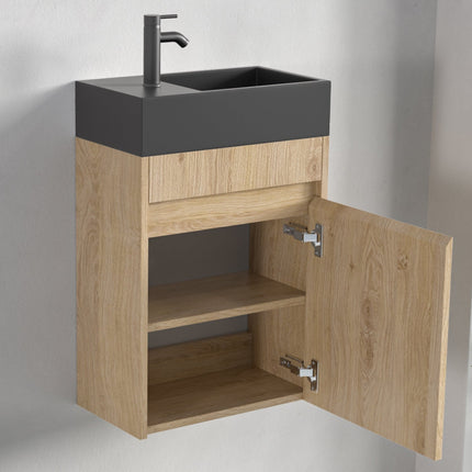 Meuble de toilette suspendu chêne clair avec vasque noire - 40 cm - Ibiza