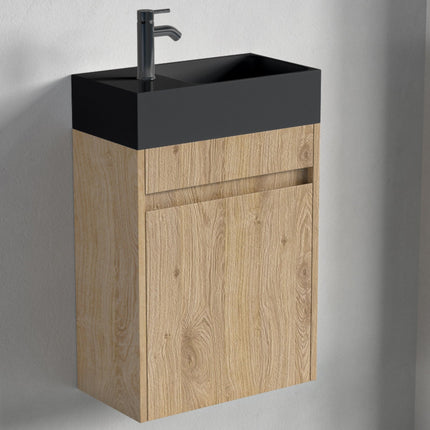 Meuble de toilette suspendu chêne clair avec vasque noire - 40 cm - Ibiza