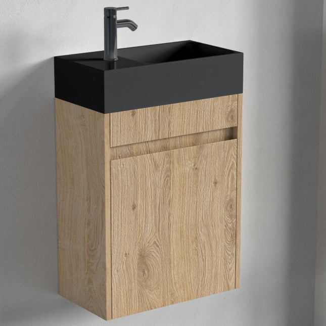 Meuble de toilette suspendu chêne clair avec vasque noire - 40 cm - Ibiza
