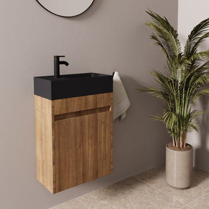 Meuble toilette suspendu chêne naturel avec vasque noire - 40 cm - Ibiza